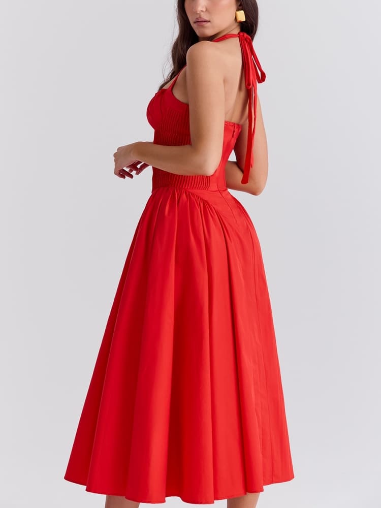 Red Backless Halter Midi Dress Newgew Dresses