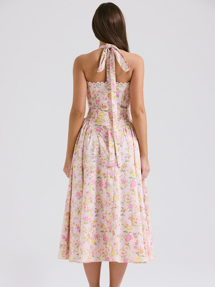 Pink Meadow Print Backless Midi Tank Dress Newgew Dresses