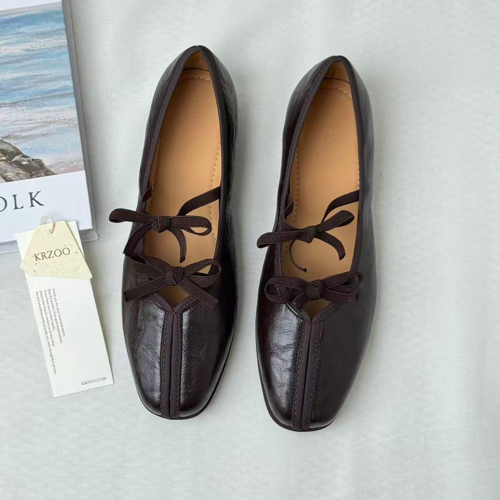 Soft-Leather Square-Toe Retro Bow Mary Janes PinTow