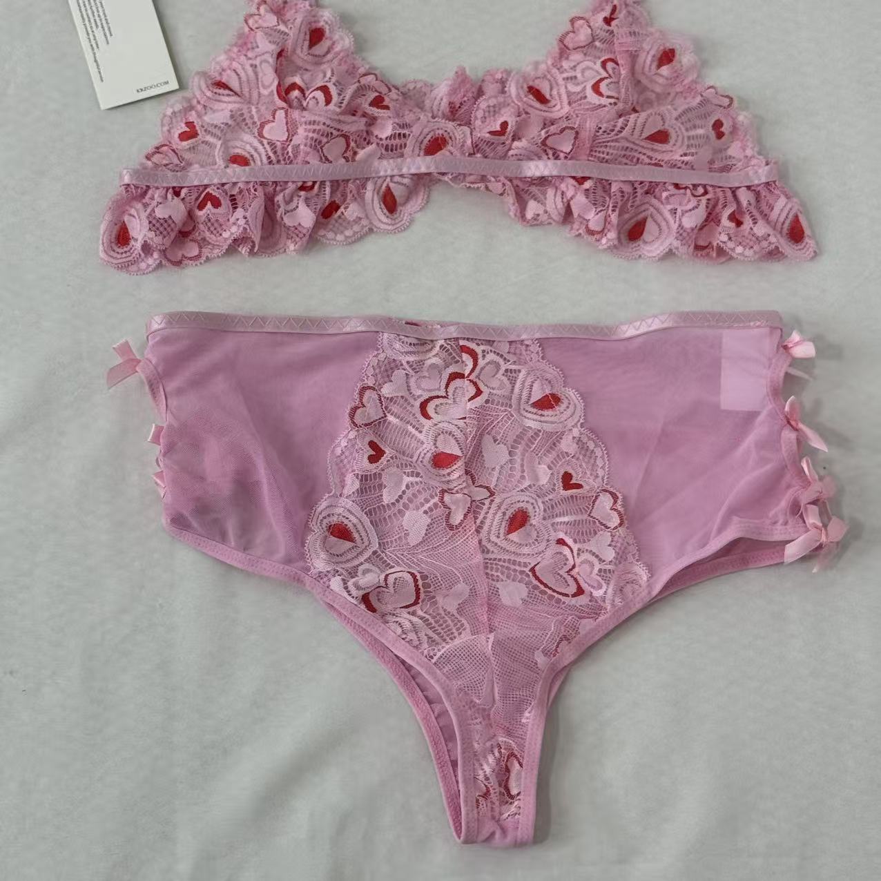 Mesh Heart Embroidery Hollow-Out Lingerie Set PinTow