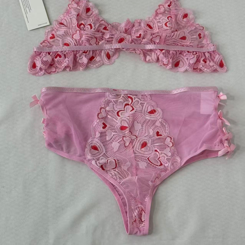 Mesh Heart Embroidery Hollow-Out Lingerie Set PinTow