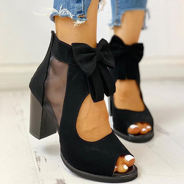 Peep Toe Mesh Insert Bowknot Chunky Heeled Sandals NewGew