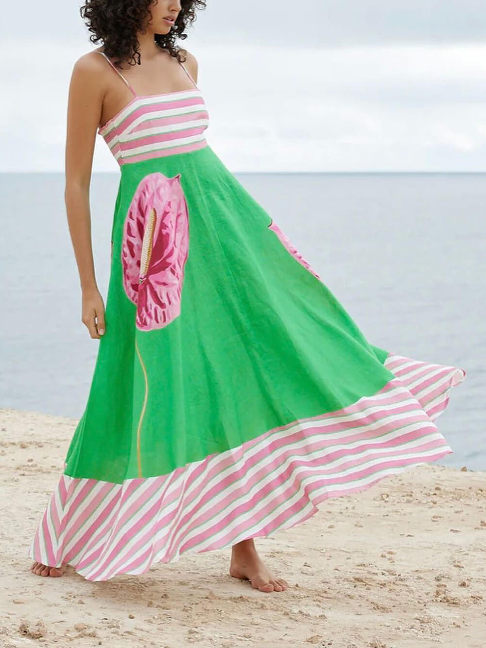 Floral Print Paneled Striped Suspender Mixi Dress Newgew Dresses
