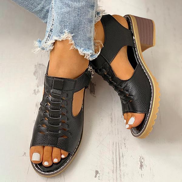 Peep Toe Cutout Zipper Chunky Heeled Sandals NewGew