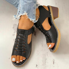 Peep Toe Cutout Zipper Chunky Heeled Sandals NewGew