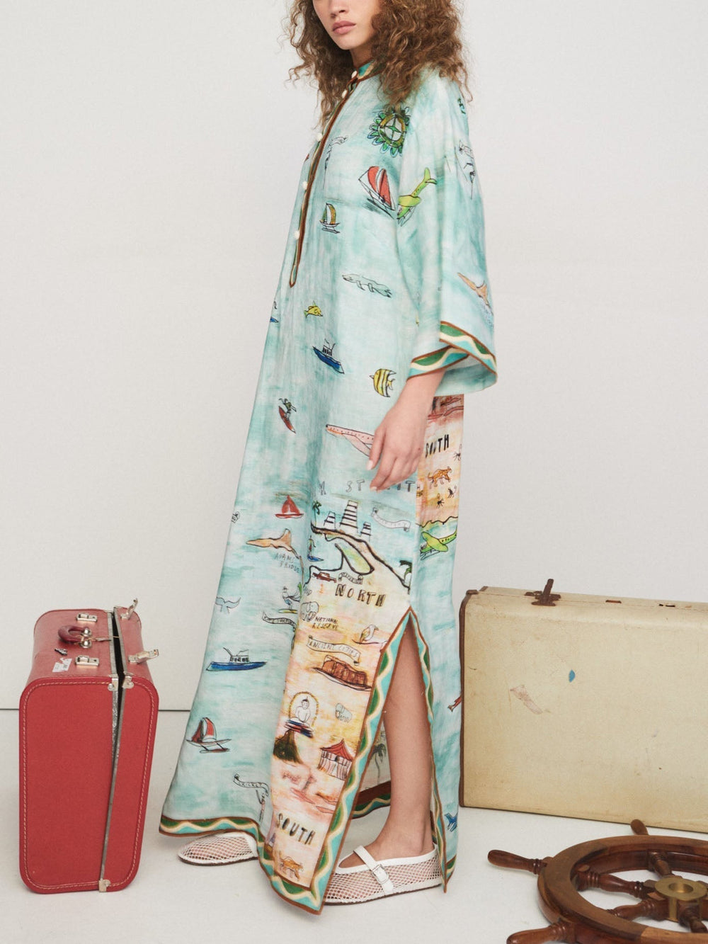 Modern Satin Art Island Print Slit Maxi Dress Newgew Dresses