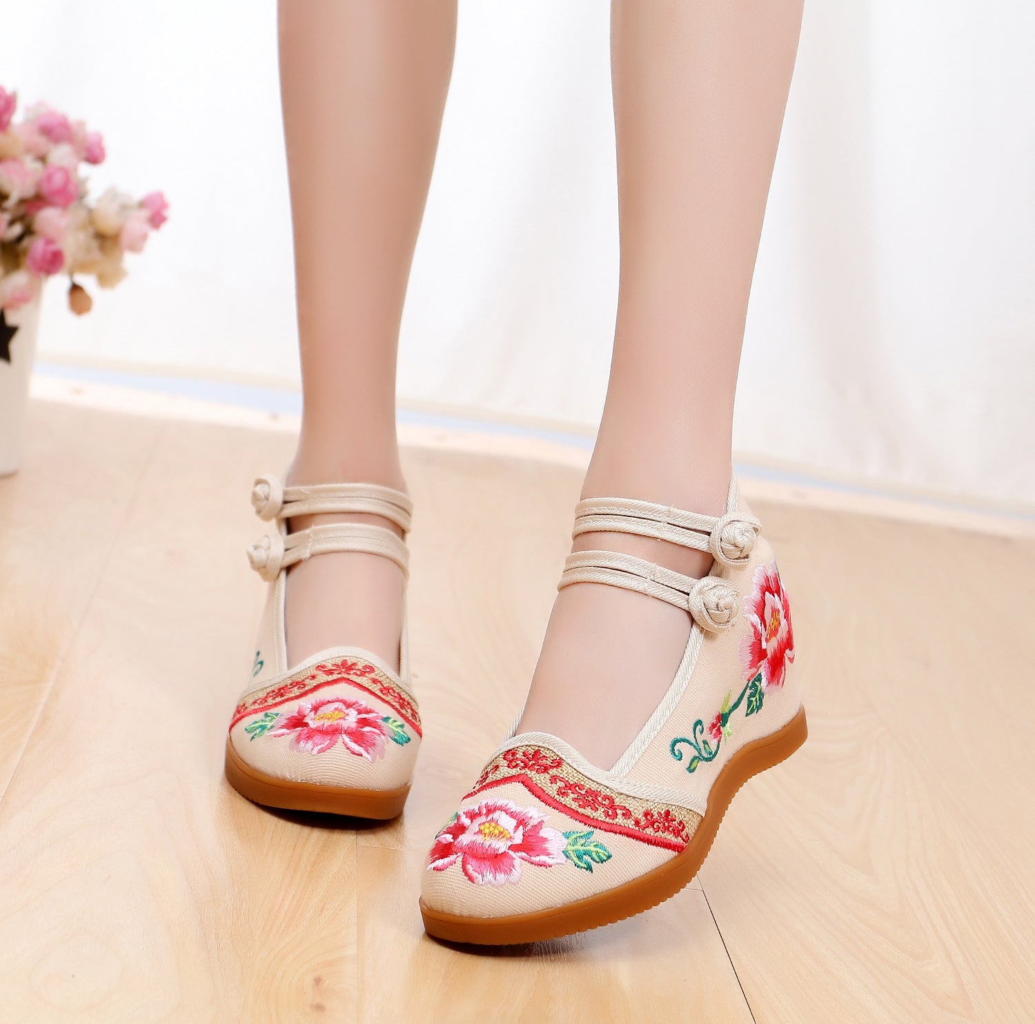 Women's Style Double Buckle Height Increasing Insole Bridal Canvas Shoes Newgew