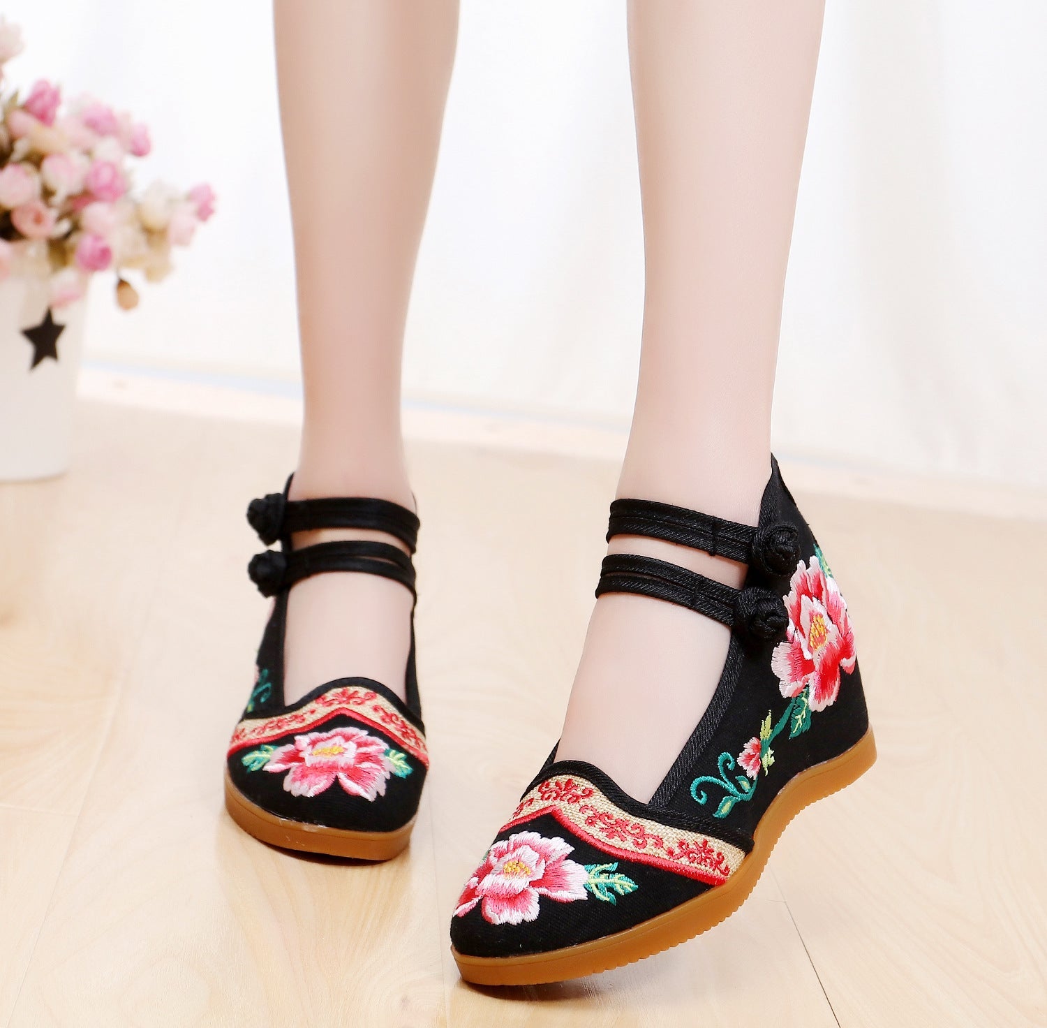 Women's Style Double Buckle Height Increasing Insole Bridal Canvas Shoes Newgew