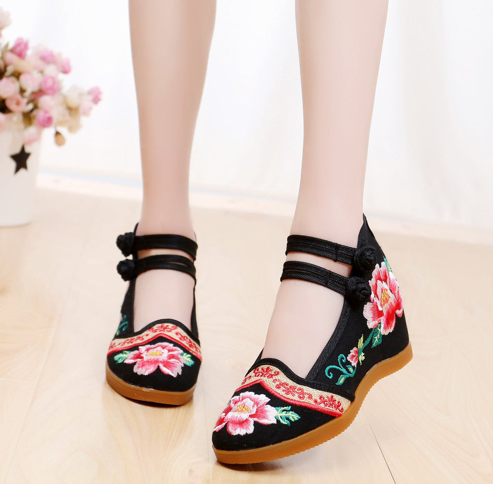 Women's Style Double Buckle Height Increasing Insole Bridal Canvas Shoes Newgew