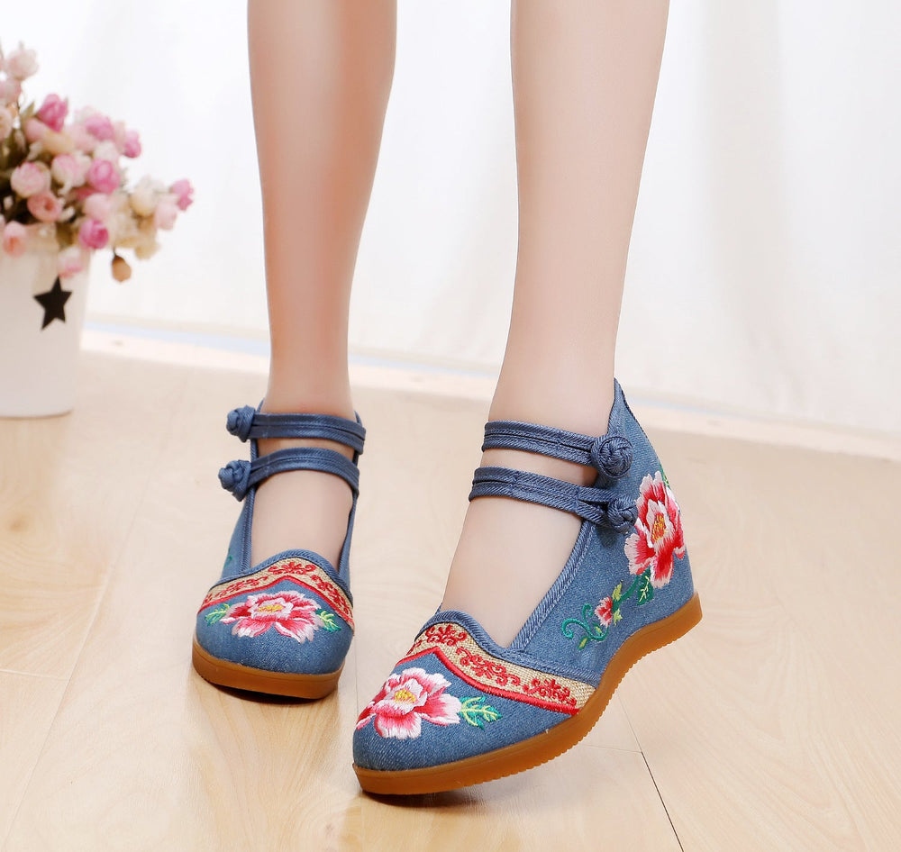 Women's Style Double Buckle Height Increasing Insole Bridal Canvas Shoes Newgew