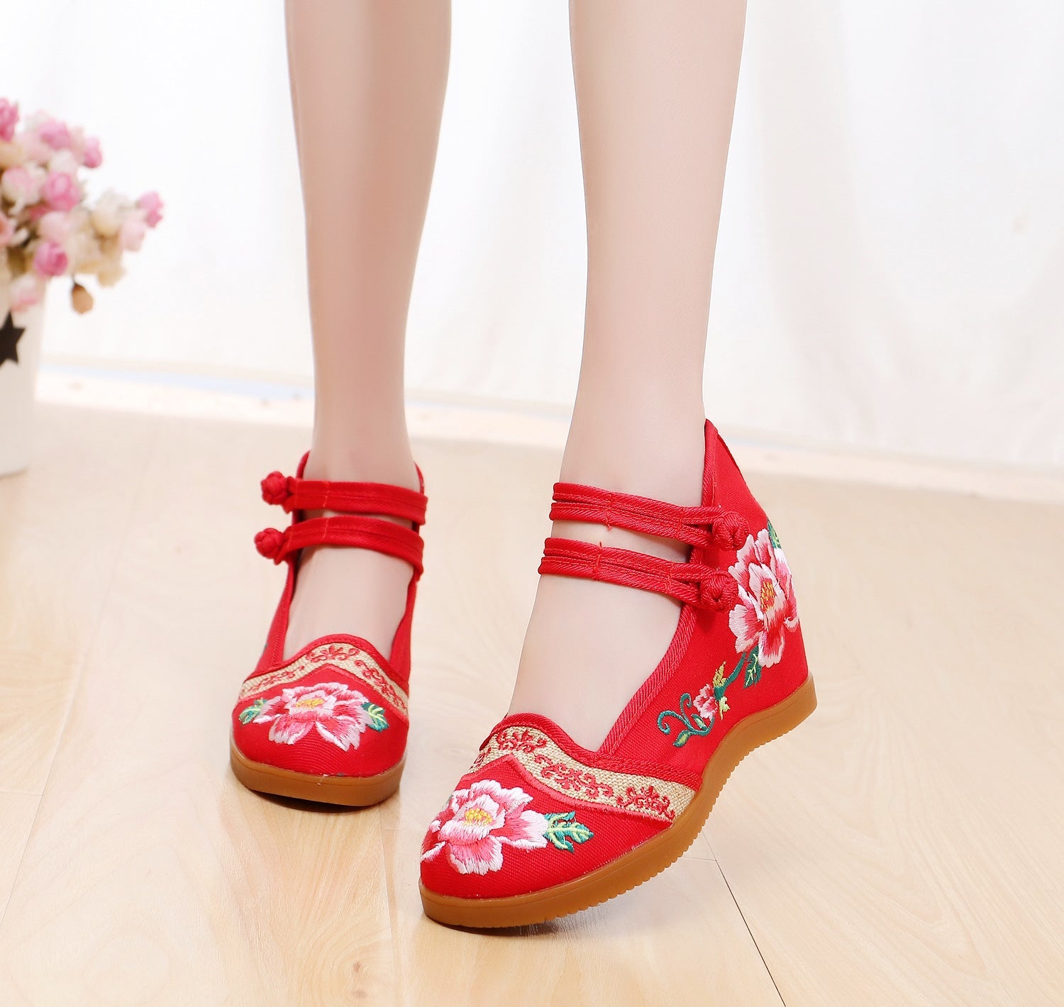 Women's Style Double Buckle Height Increasing Insole Bridal Canvas Shoes Newgew