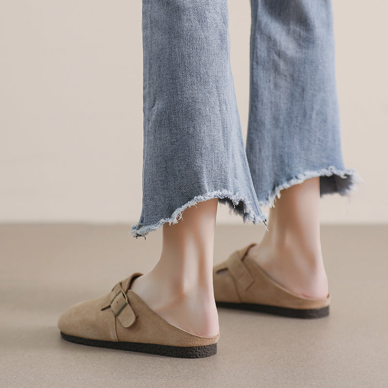 Women Retro Solid Suede Buckle Flat Slippers Newgew Shoes