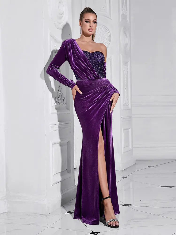 Purple Sequin High-Slit Long Dress Newgew Dresses