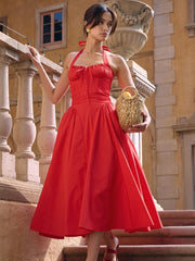 Red Backless Halter Midi Dress Newgew Dresses