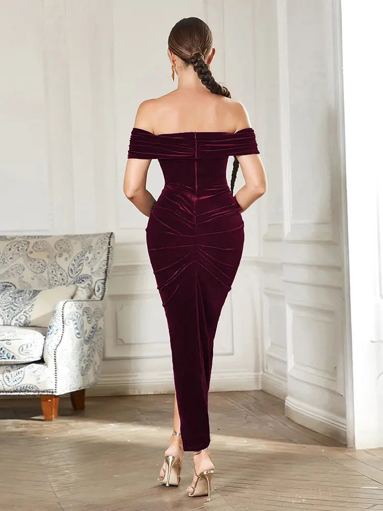 Off-Shoulder Ruched Slit Dress Newgew Dresses
