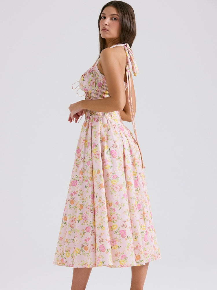 Pink Meadow Print Backless Midi Tank Dress Newgew Dresses