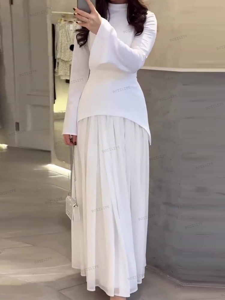 Color Block Splicing Slim Fit Lace-Up Long Sleeve Maxi Dress Newgew Dresses