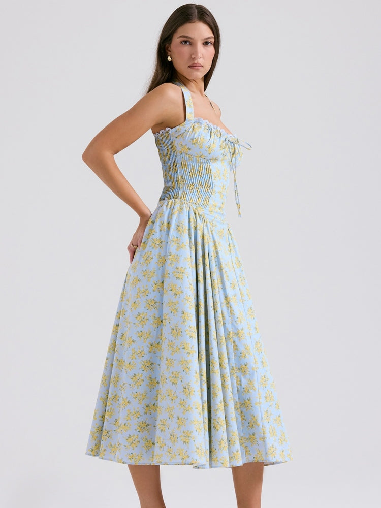 Soft Blue Vintage Floral Print Backless Tank Dress Newgew Dresses