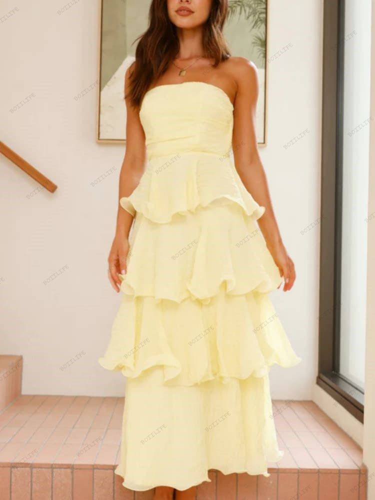 Chic Strapless Backless Tiered Midi Dress Newgew Dresses