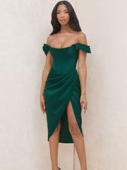Cap Shoulder Corset Bodycon Midi Dress - Dark Green Newgew Dresses