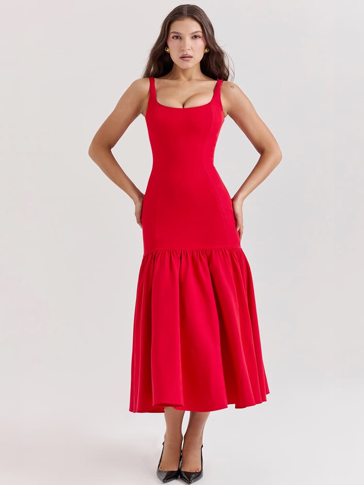 Low-Waist Bodycon Midi Dress - Scarlet Red Newgew Dresses