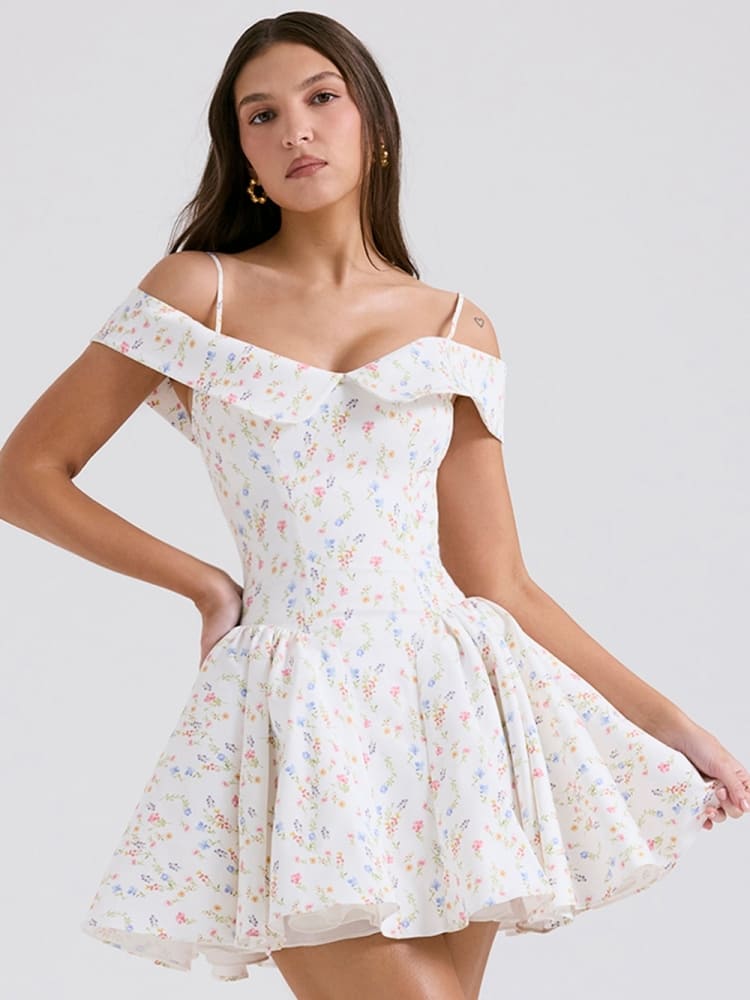 White Floral Print Bustier Mini Dress Newgew Dresses