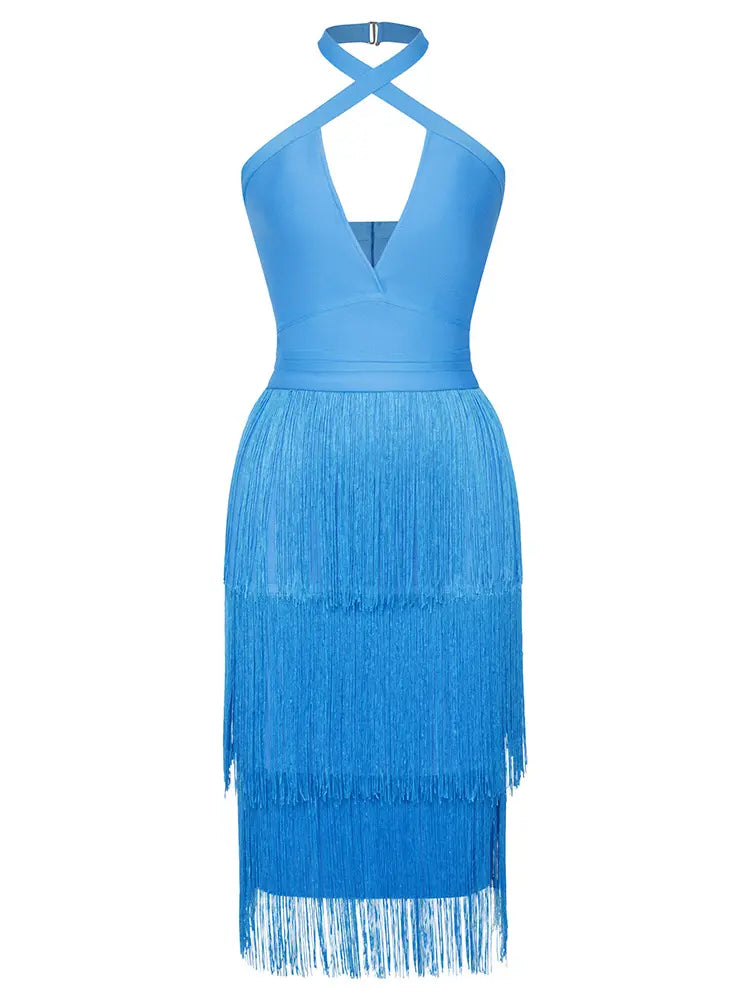 Halter Blue Fringe Bandage Dress Newgew Dresses
