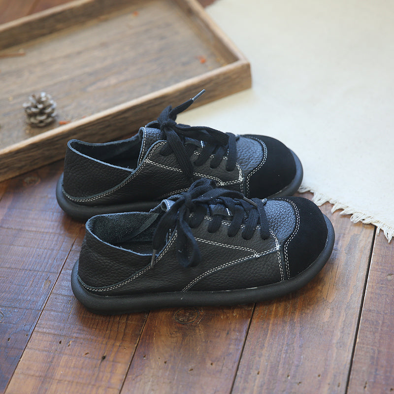 Women Retro Round Head Cowhide Soft Flat Casual Shoes Newgew Shoes