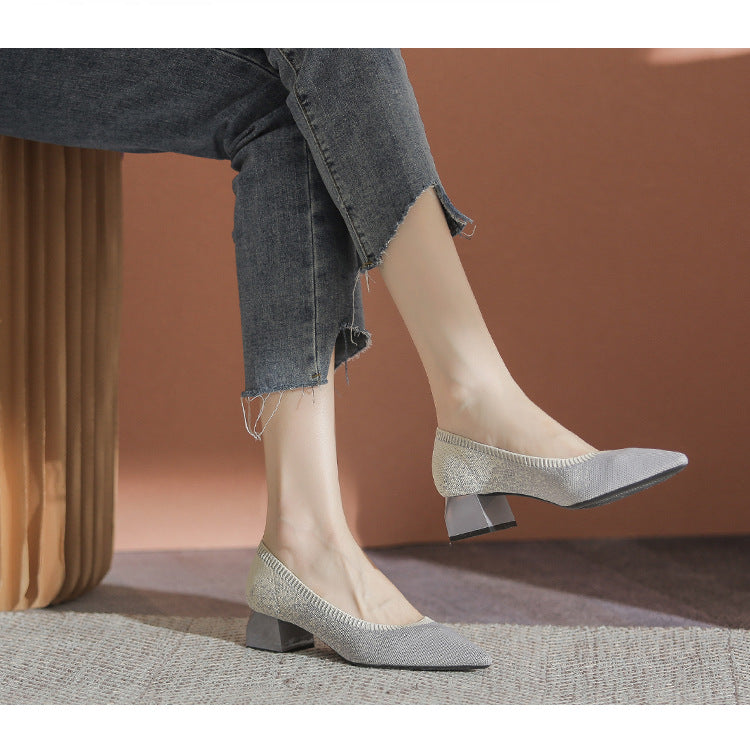 Chunky Heel Pointed Toe Pumps Knitted Woven Shoes NewGew