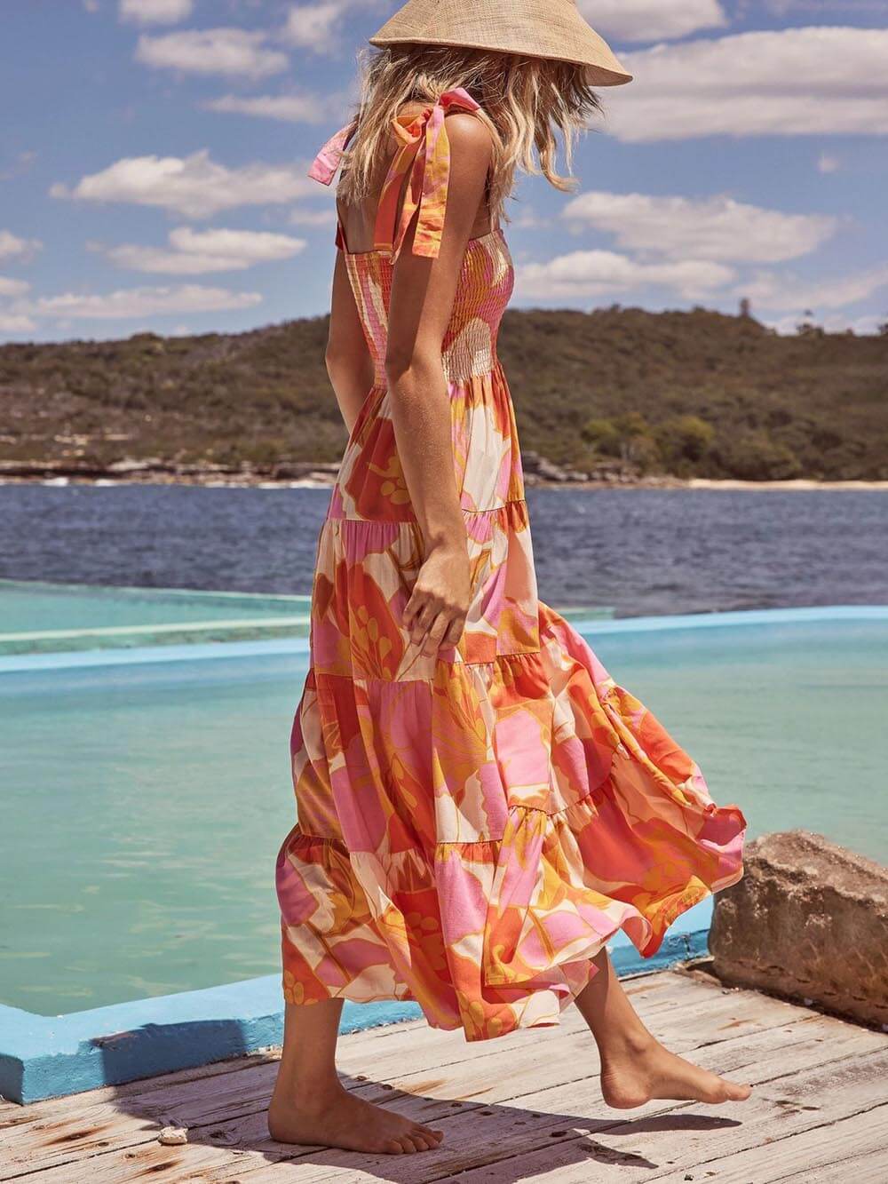 Sea Charm Sleeveless Pleated Stretch Chest Print Cami Dress Newgew Dresses