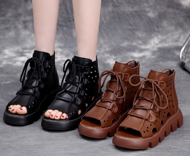 Women Leather Peep Toe Casual Platform Sandals
