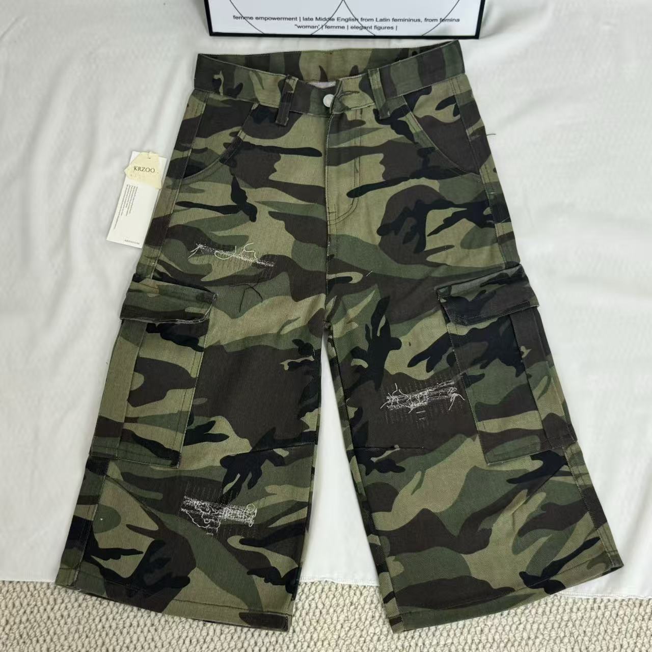 Washed Distressed Camouflage Shorts