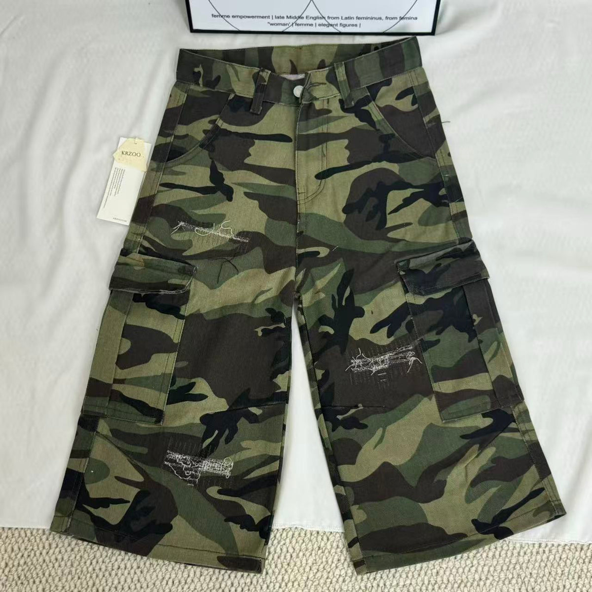 Washed Distressed Camouflage Shorts