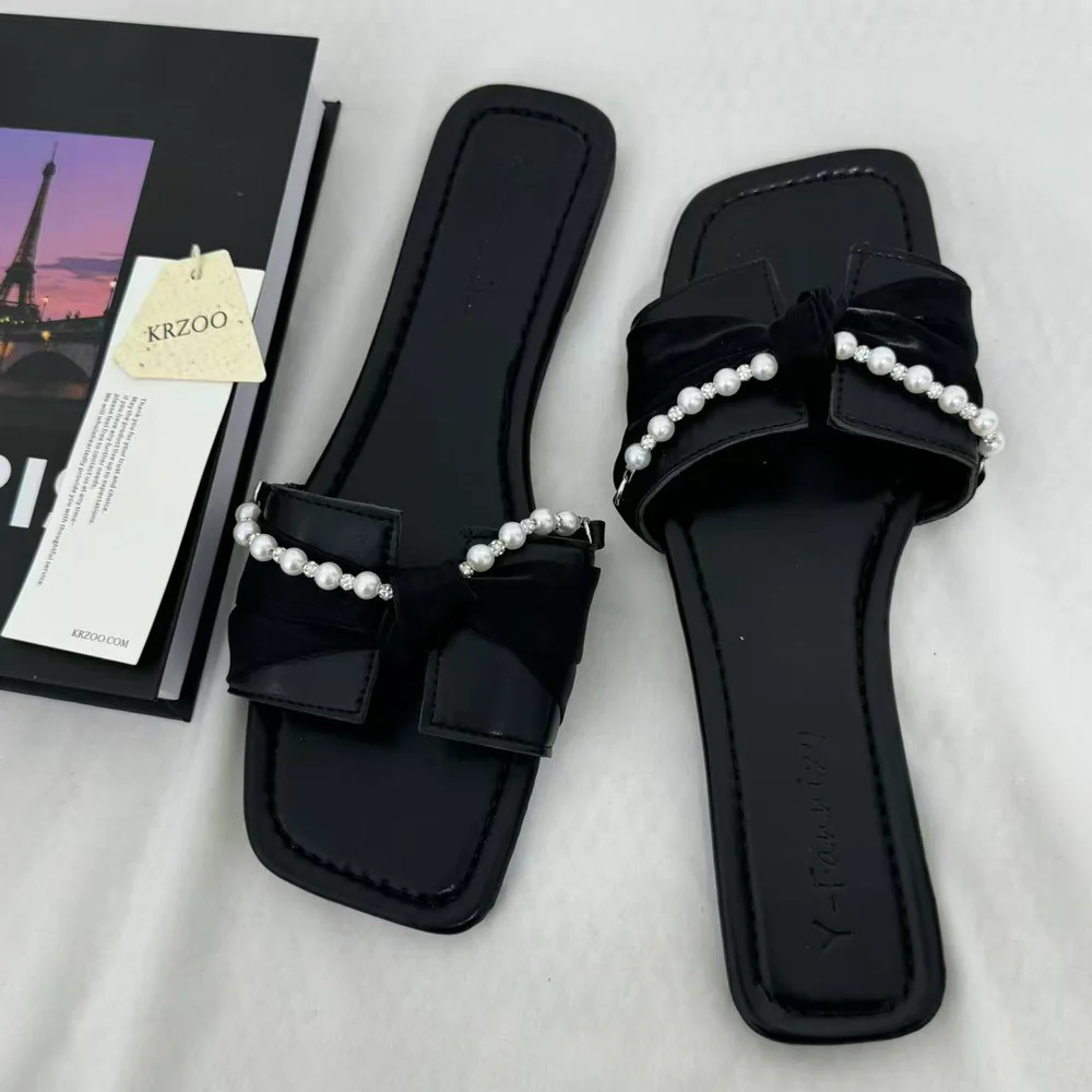 Black Bow-Detail Flat Slides PinTow