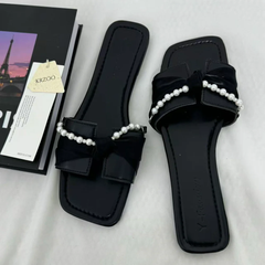 Black Bow-Detail Flat Slides PinTow