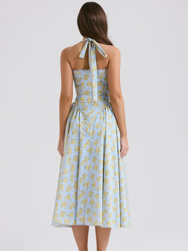 Soft Blue Vintage Floral Print Backless Tank Dress Newgew Dresses