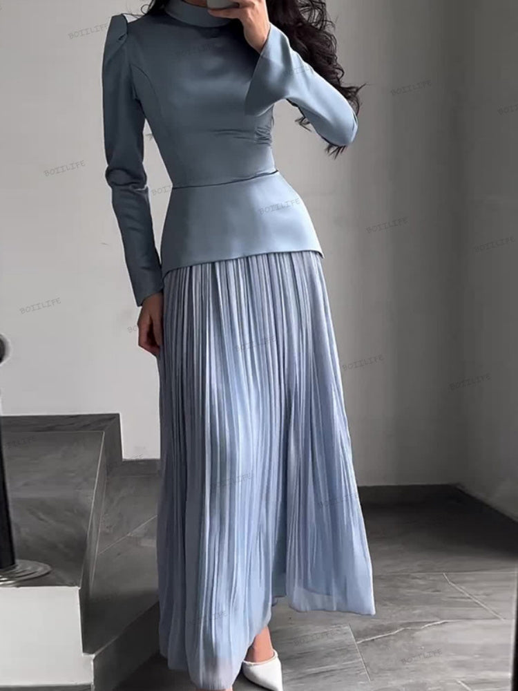 Color Block Splicing Slim Fit Lace-Up Long Sleeve Maxi Dress Newgew Dresses