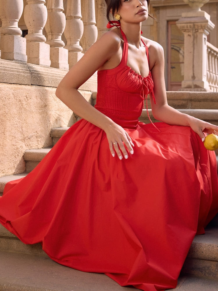 Red Backless Halter Midi Dress Newgew Dresses