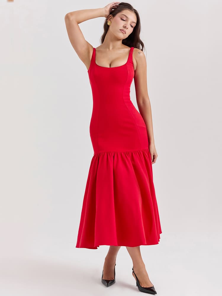 Low-Waist Bodycon Midi Dress - Scarlet Red Newgew Dresses