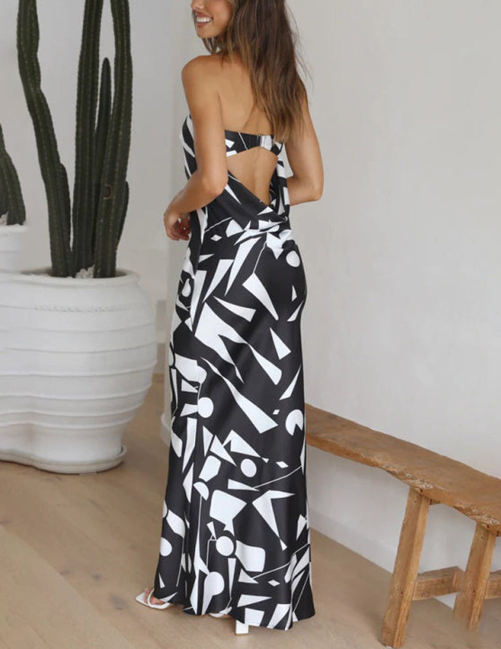 Satin Geometric Print Off Shoulder Maxi Dress Newgew Dresses