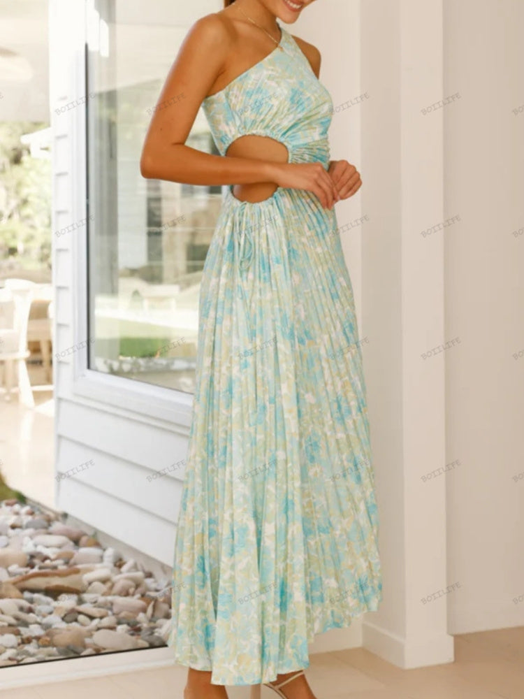Pleated One-Shoulder Cut-Out Waist Floral Gown Newgew Dresses