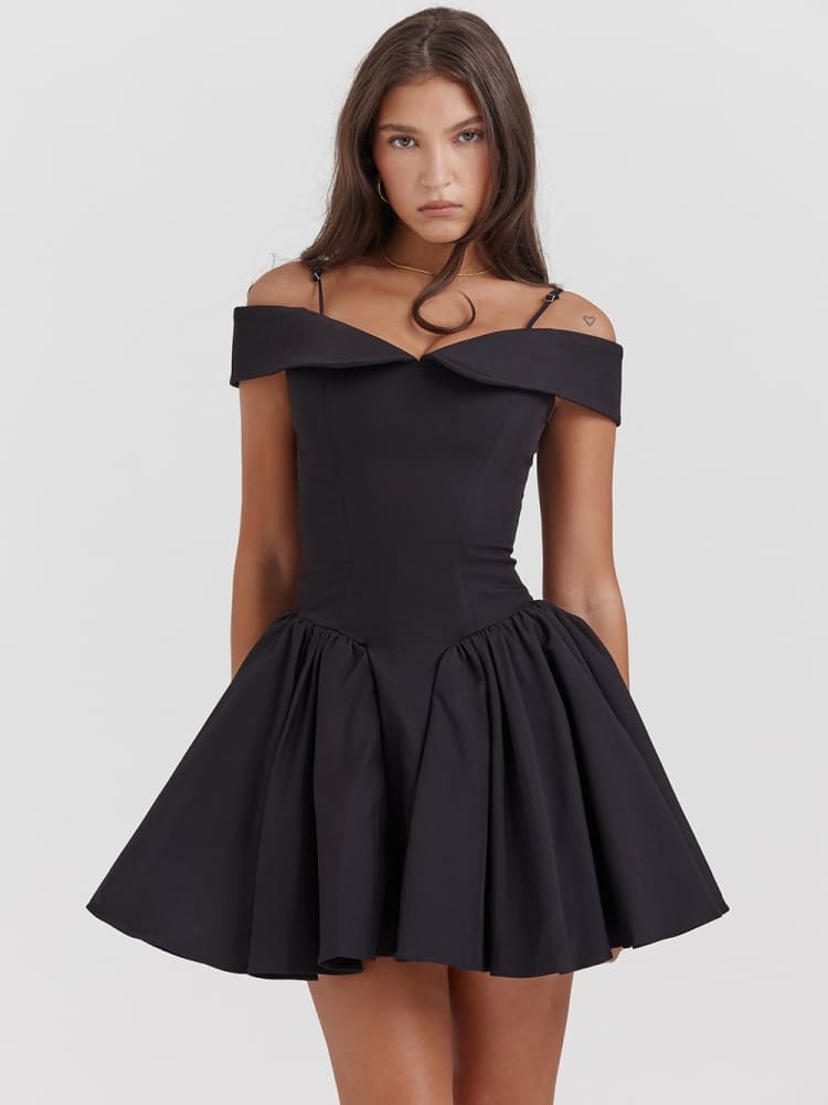 Black Off-Shoulder Spaghetti Strap Mini Dress Newgew Dresses
