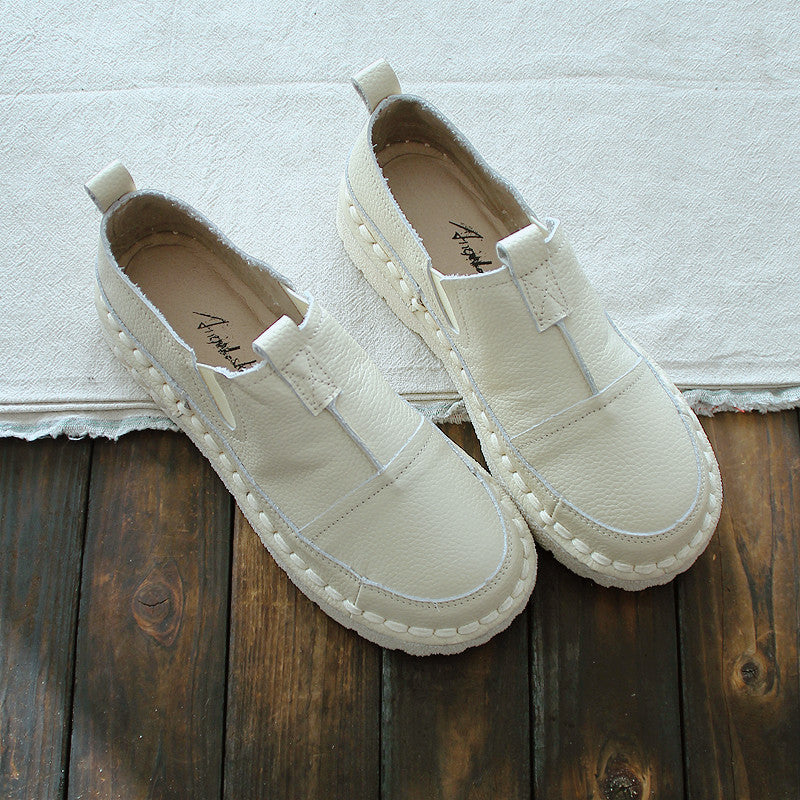 Women Retro Solid White Leather Casual Shoes Newgew Shoes