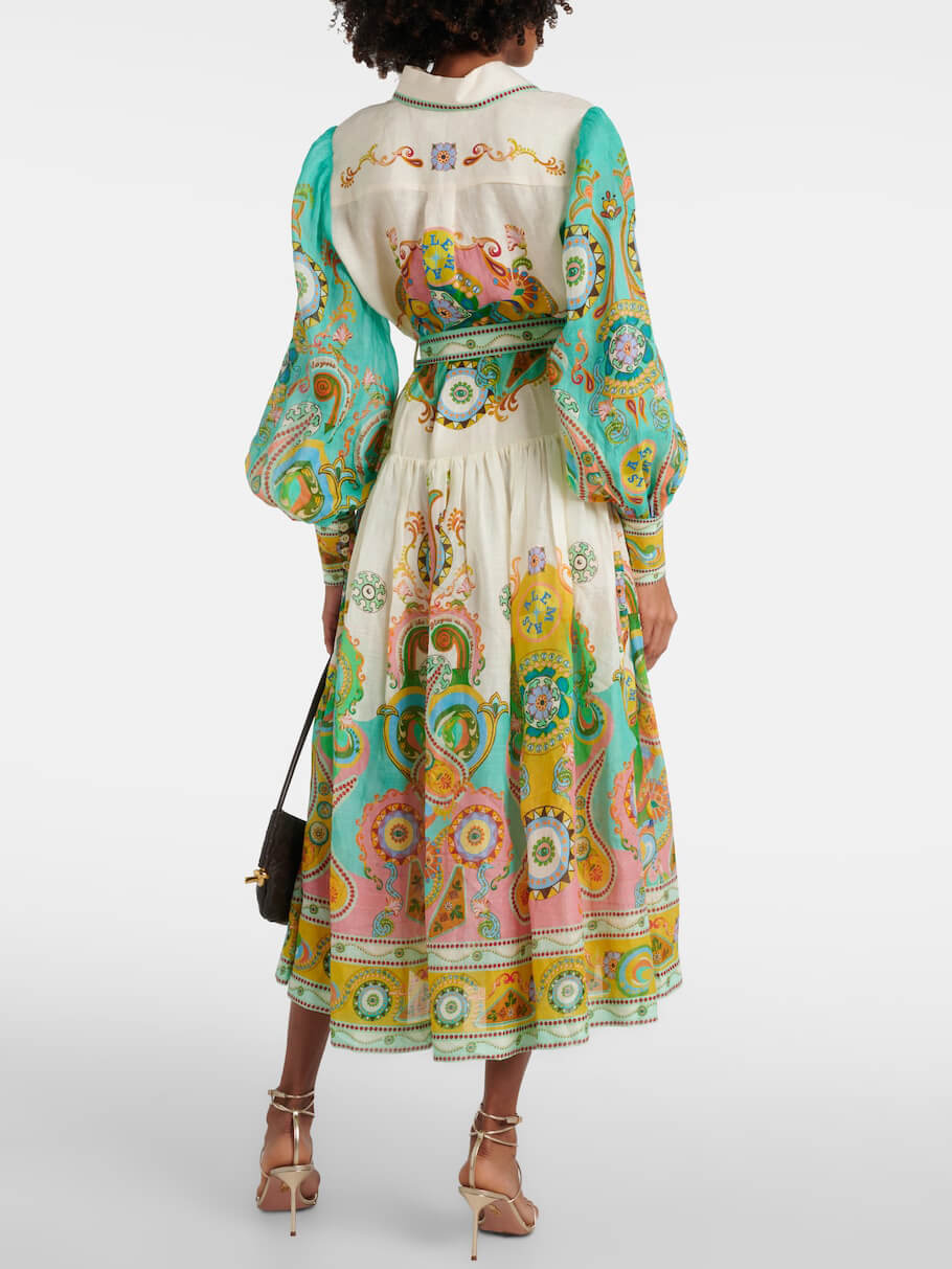 Unique Exquisite Fashion Print Puff Sleeve Tie Midi Dress Newgew Dresses