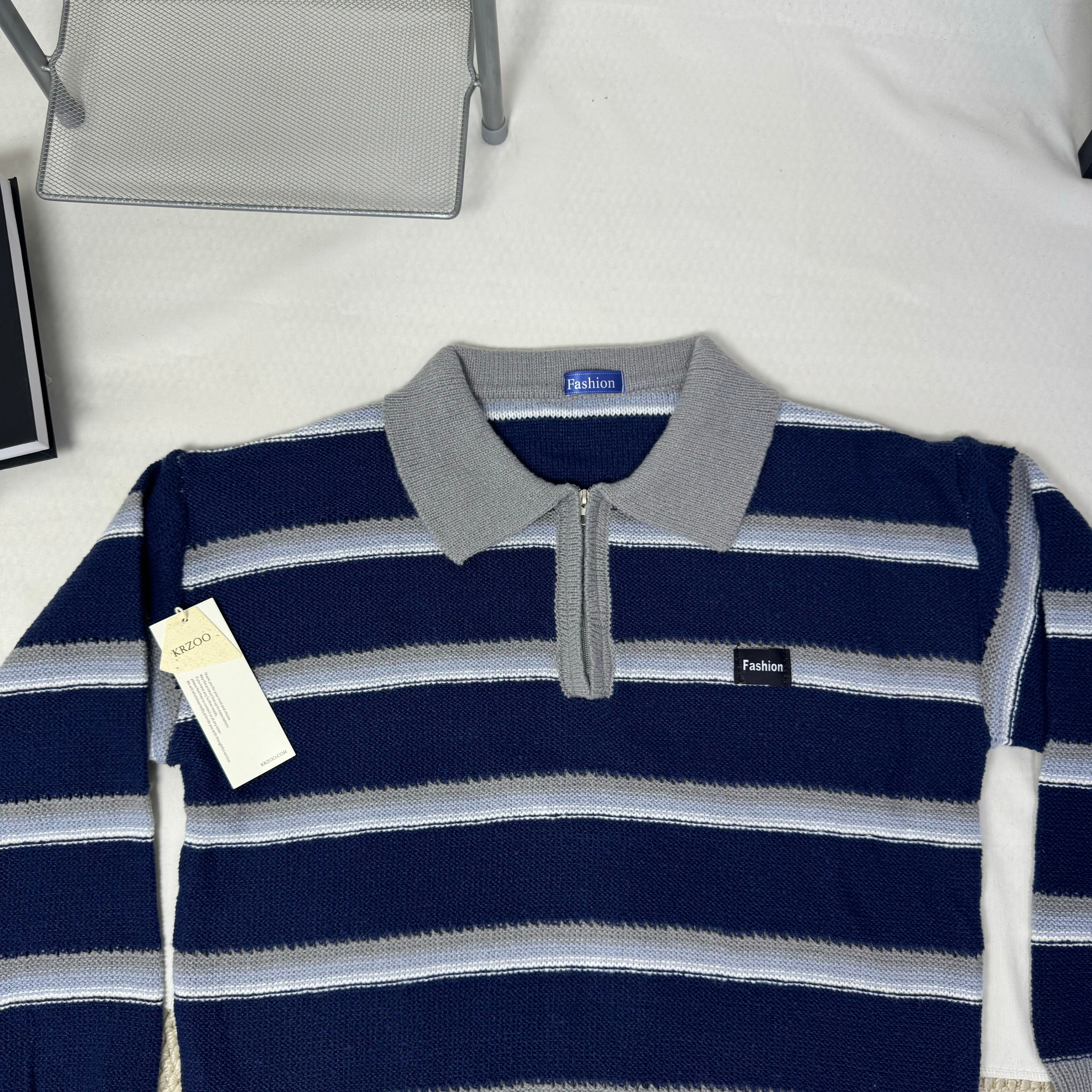 Striped Polo-Neck Relaxed Style Knit Top PinTow