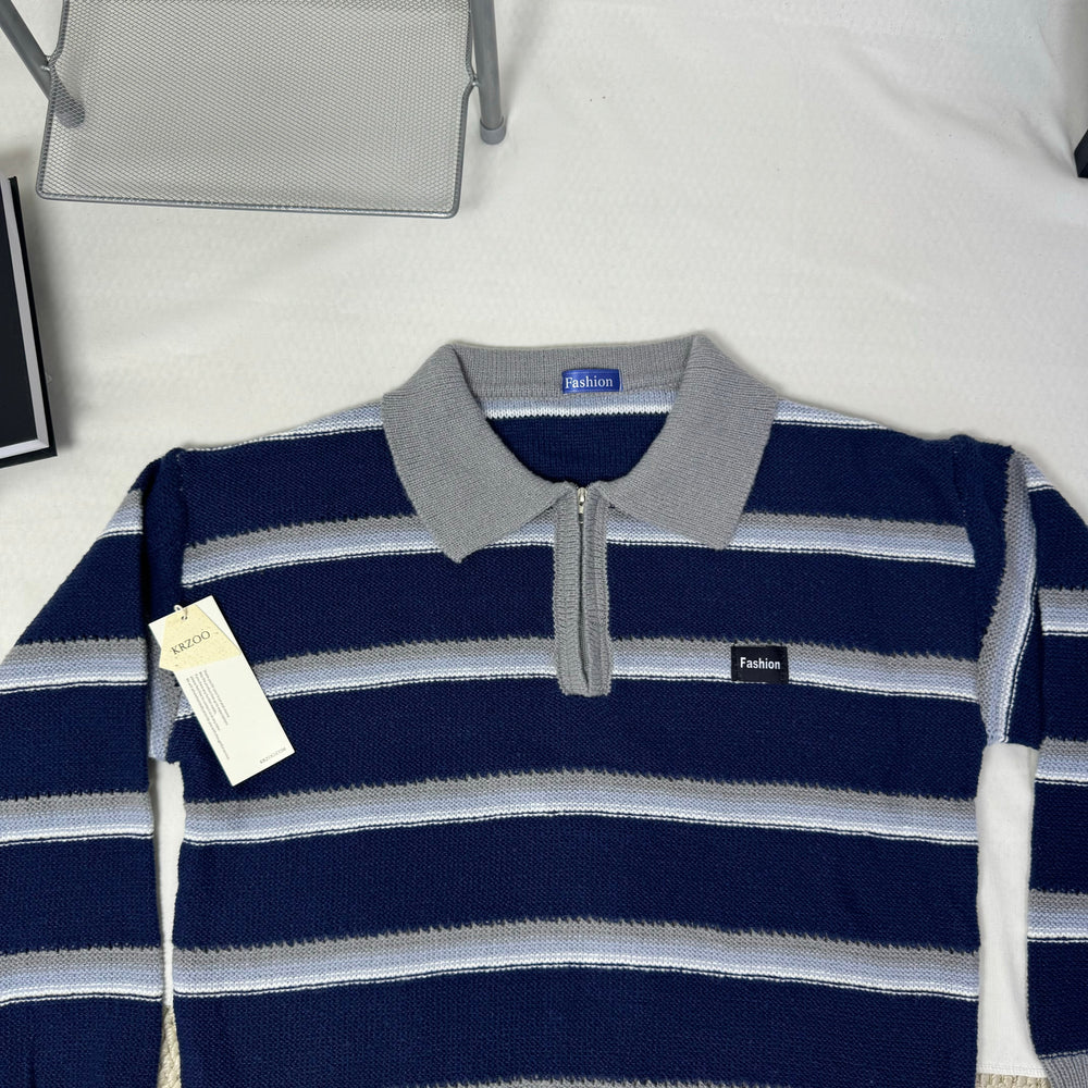 Striped Polo-Neck Relaxed Style Knit Top PinTow