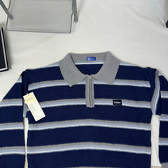 Striped Polo-Neck Relaxed Style Knit Top PinTow
