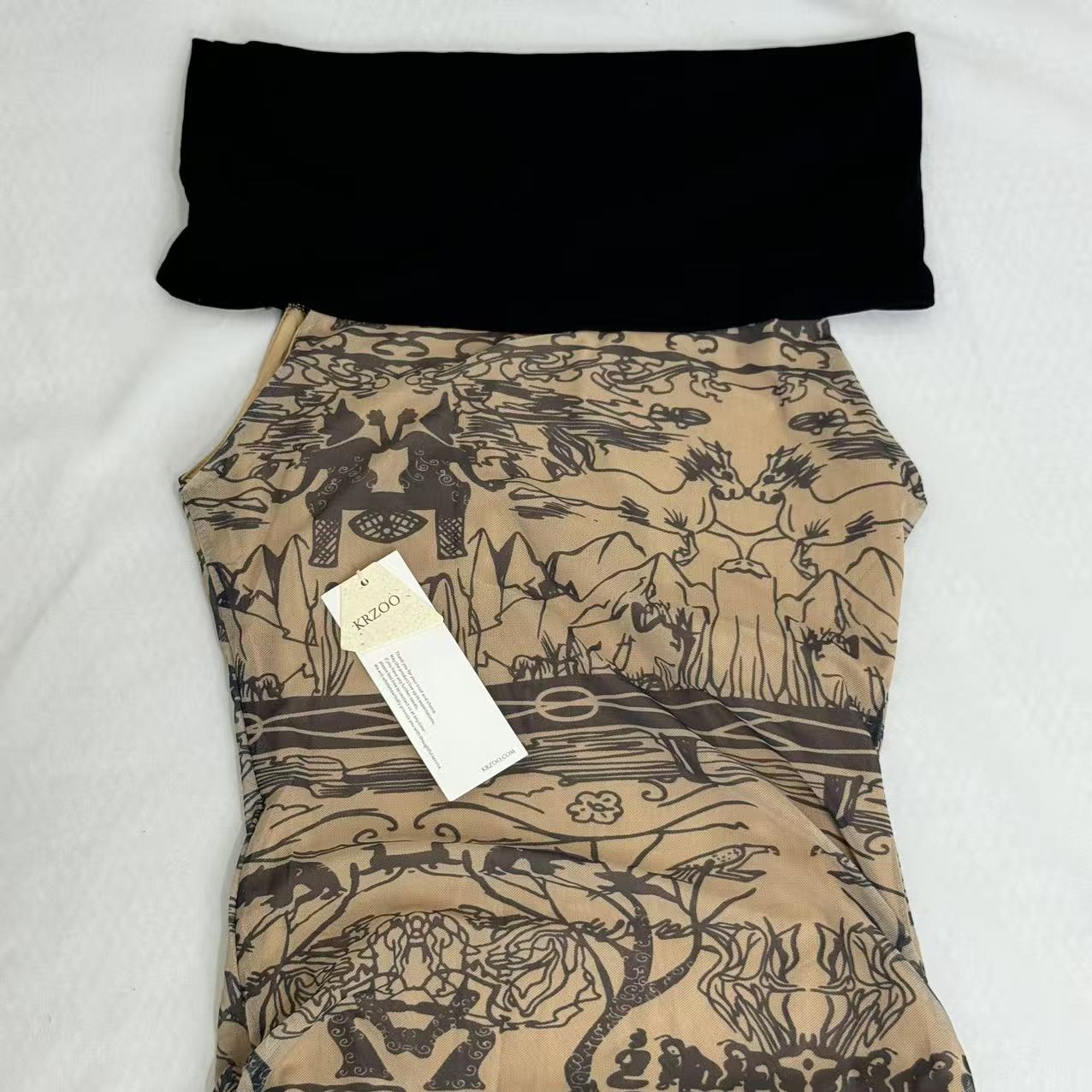 Retro-Print Off-The-Shoulder Ppatchwork Dress PinTow