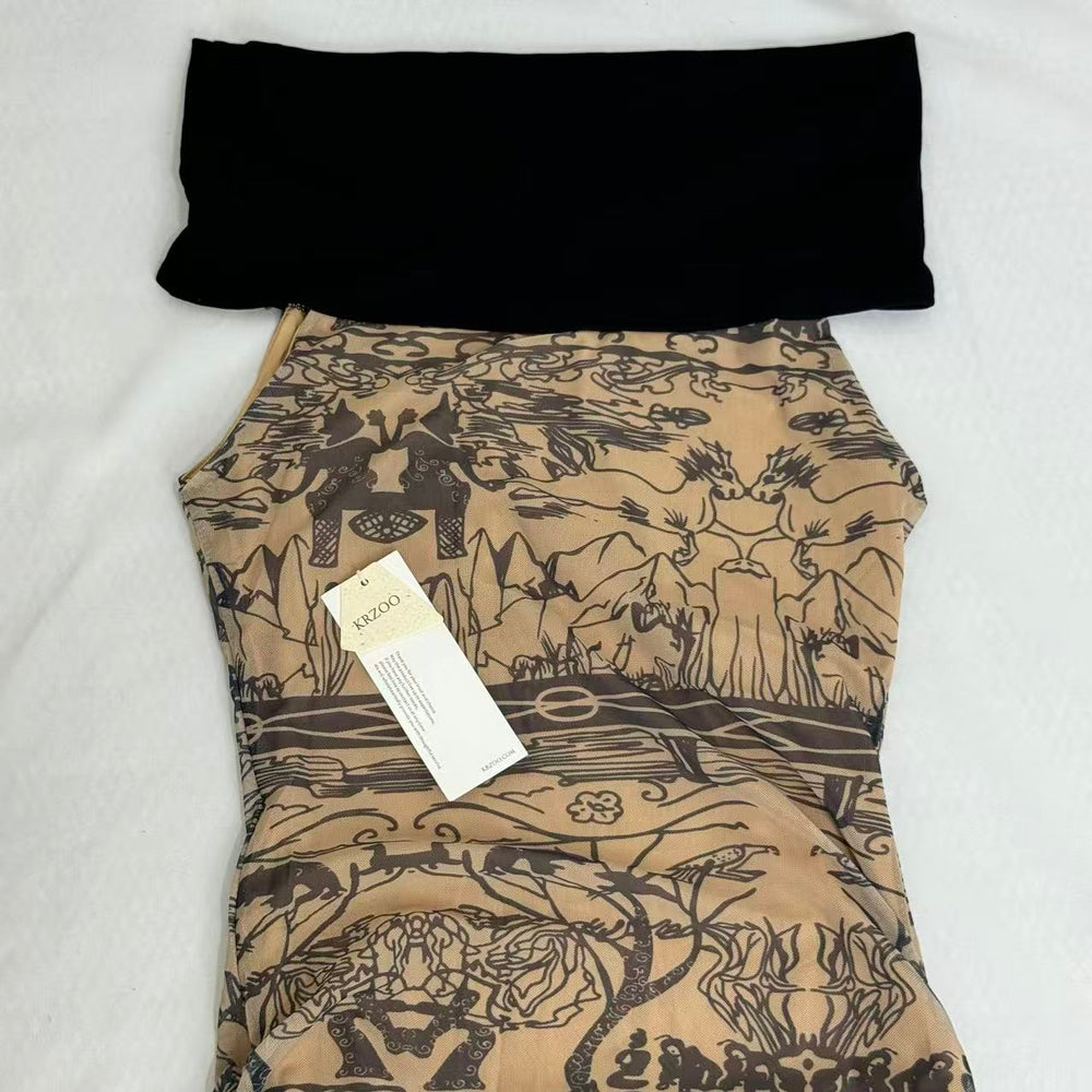 Retro-Print Off-The-Shoulder Ppatchwork Dress PinTow