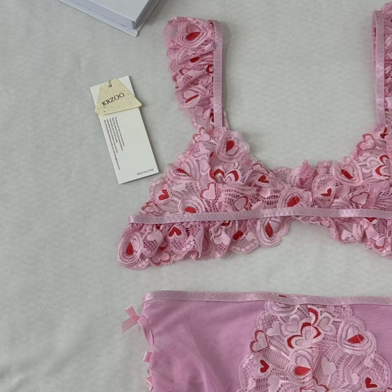 Mesh Heart Embroidery Hollow-Out Lingerie Set PinTow